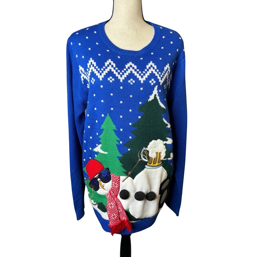 Jolly Sweaters Womens Large Blue Ugly Christmas Sweater Snowman Drinking Beer L